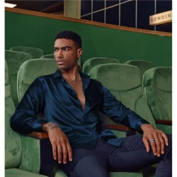 Men's Shiny Satin Shirts Long Sleeve Navy Blue Dress Shirt - Picture 3 of 7